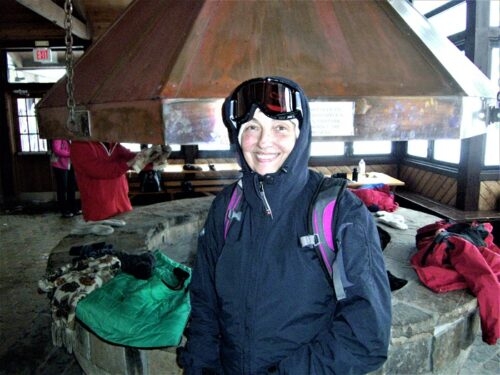 It's ok Peggy, you can take your hood down in here! Warming hut at Herrington Manor SP, MD
