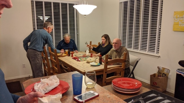 Dining room at our house (Barry, John, Fatima, and Rich)
