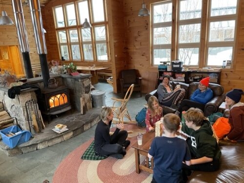 Interior of Stratton Brook Hut (it was Spring Break for Maine kids)