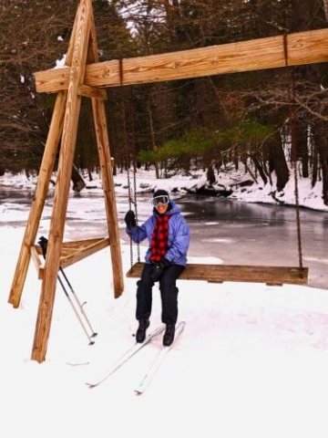 Yvonne on a Giant Swing down by West Stony Creek. There are two of these on the trail system.