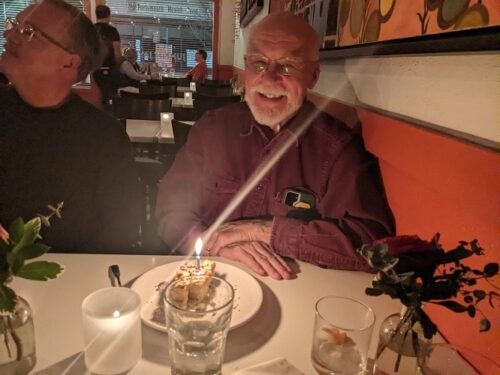 At dinner in Portsmouth, NH, on the way up (Ed and Bela)